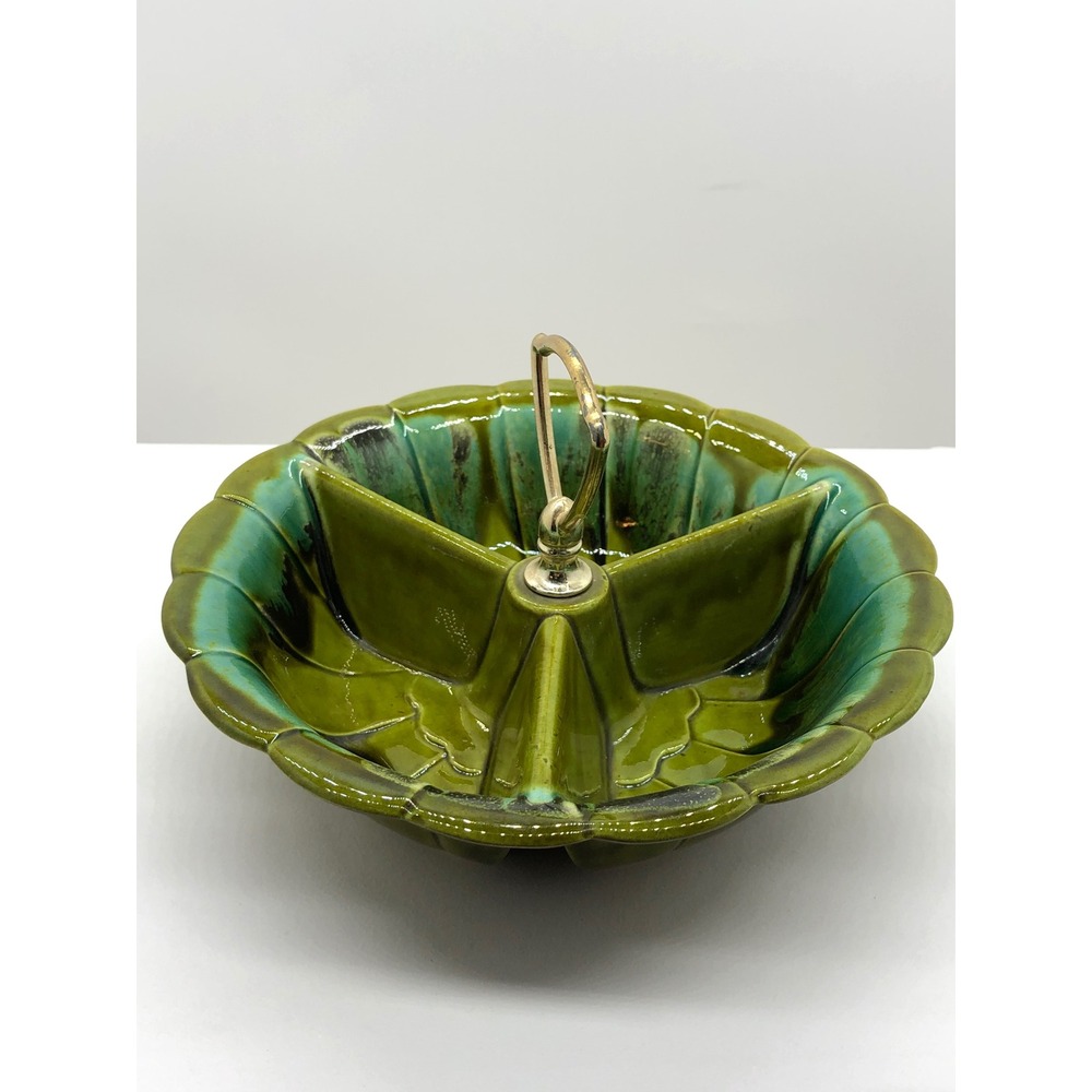 Vintage California Pottery USA Green Drip Glaze Divided Relish Dish Handle R-131
